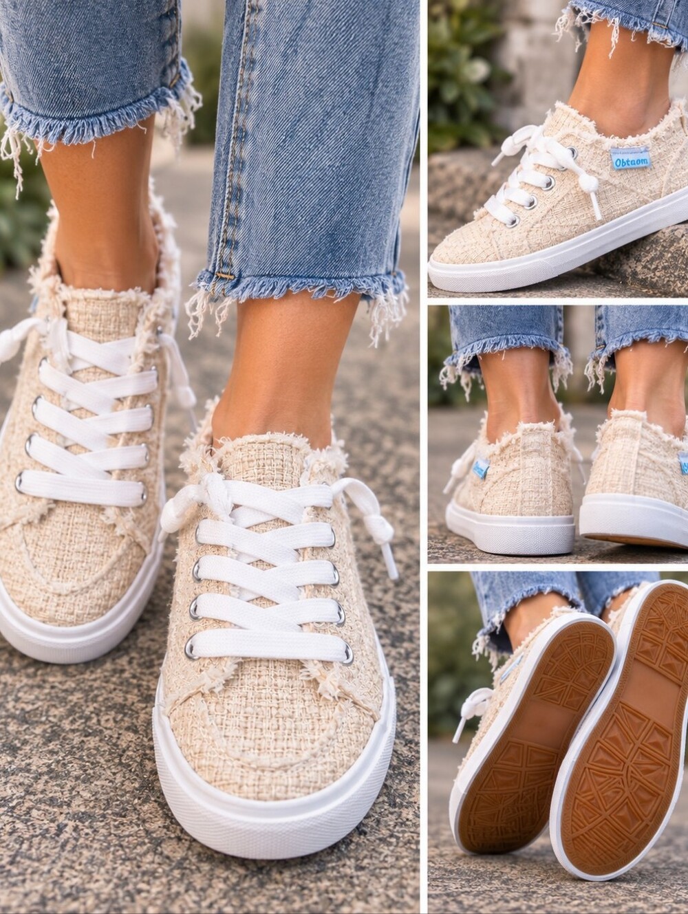 Obtaom  Cream Tweed Lace-Up Sneaker with Frayed Edge